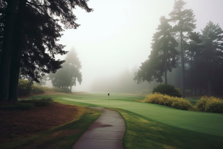 Golf course, with a manicured lawn, a foggy winter day.の素材