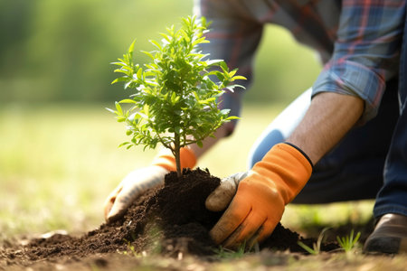 Public worker plants a tree in a garden to repopulate the forest.の素材