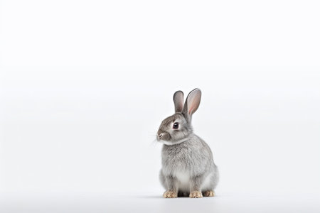 A gray bunny sitting in a photography studio with a white background.の素材