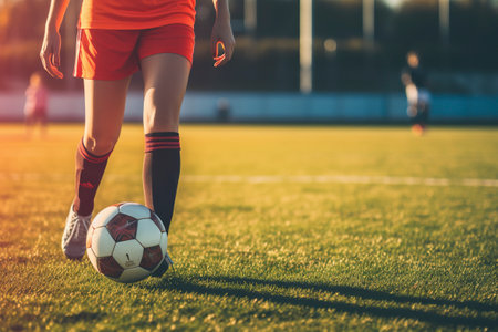 A female soccer player trains with the ball.の素材