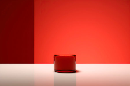 A circular pediun, in red and shiny tones, on a bright red background with reflections.の素材