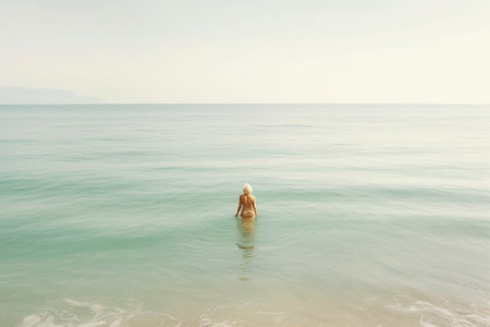 A retired woman in a bathing suit goes alone into the sea for a morning swim.の素材