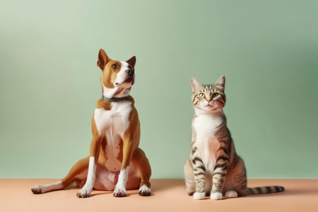 A dog and a cat, sitting together in peace.の素材
