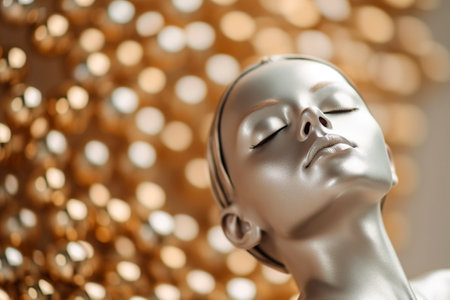 A young model poses elegantly in jewelry in the form of metallic pearls, velvety makeup on her skin.の素材