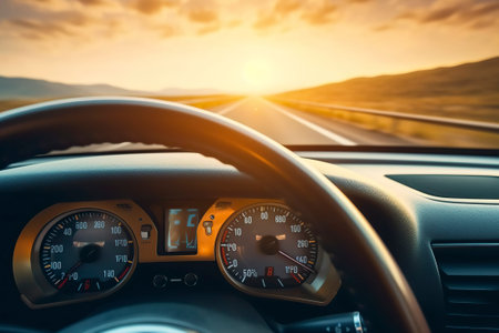Detail of the modern dashboard of an electric car, driving on a road.の素材