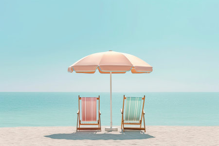 Minimalist design, end of summer scene, hammocks on the serene and calm beach.の素材