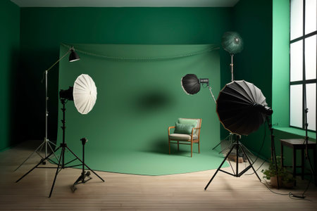 A photography studio, with an antique armchair set on a green screen background.の素材
