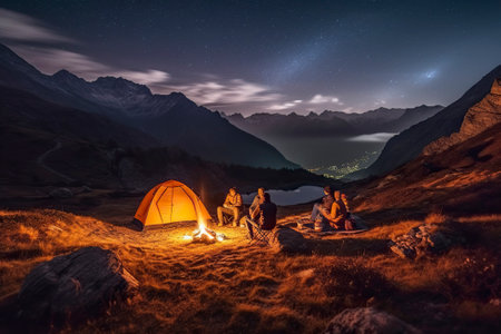Scouts set up a tent camp at the top of the hill for the night, overlooking the valley town.の素材