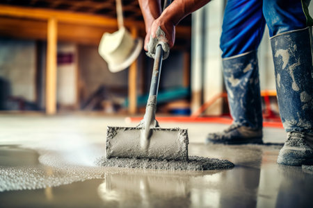Bricklayer applies a layer of cement on the floor of a home, without protective measures with unprotected skin.の素材