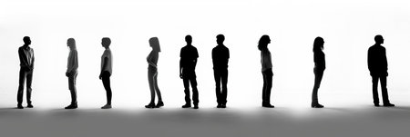 On a white background, black silhouettes of people, in a row, panoramic.の素材