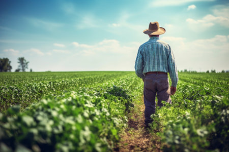 A farmer walks through his field harvesting green leafy vegetables waiting for rain.の素材