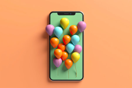 Organize a party using the mobile phone, balloons come out of the screen of a mobile phone.の素材