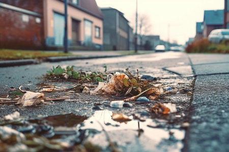 Remains of garbage and debris washed into a sewer by a rain.の素材