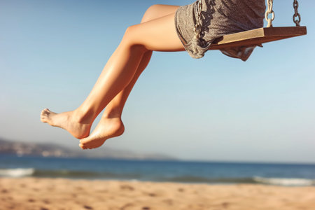 Evocative image of relaxation and vacations in summer, detail of a woman swinging barefoot near the beach.の素材