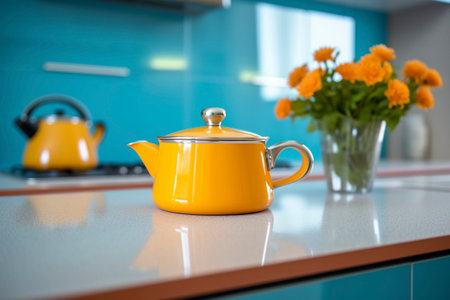 Nice yellow teapot with a retro design, in a modern kitchen.の素材