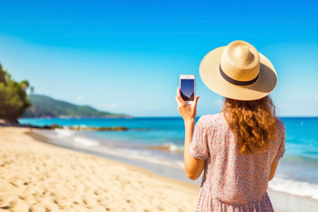 A young tourist woman takes a photo with her mobile phone of the summer beach.の素材