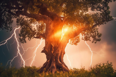 A storm lightning threatens a sturdy old oak tree.の素材
