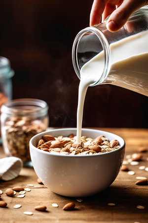 Pouring milk into a bowl with oatmeal, vertical image on a dark background.の素材