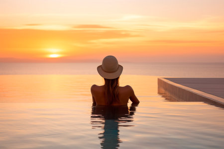 A slim young woman, on her back, relaxes in an infinity pool overlooking the sea, watching the sunset. Luxury concept.の素材