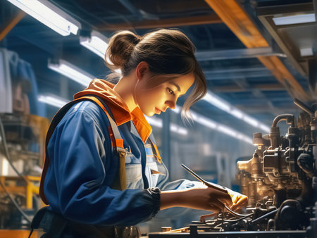 Young woman works in a car mechanic workshop.の素材