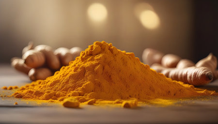 Fine ground turmeric powder, gastronomic spice image.の素材