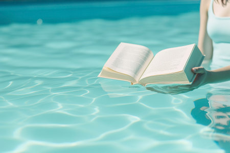 A book fallen into the water of a pool, open and with the pages of literature wet.の素材