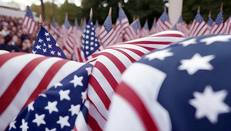 Crowd of American flags somewhat out of focus during a political convection.の素材