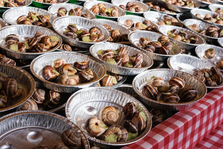 Escargots de Bourgogne, typical French dish of snails with butter and garlic, on small plates at a food stall.の写真素材
