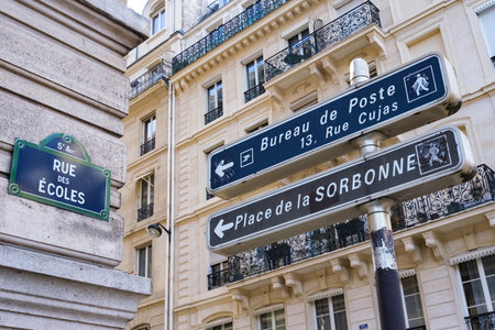 Signs to reach the Sorbonne, on Ecoles Street in Paris.の素材