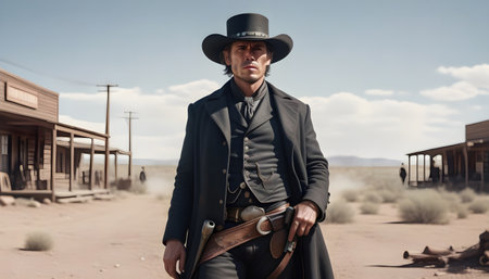 Gunman from an American western movie, in a dusty town.の素材