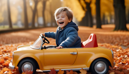 Boy laughs out loud while riding in a toy car.の素材