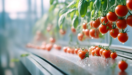 Hydroponic tomato crops without soil in a factory.の素材