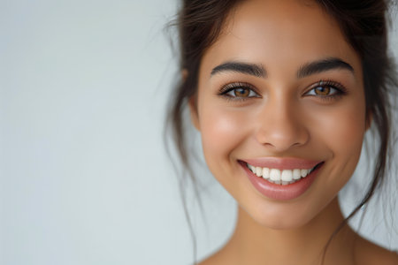 Portrait of a smiling pretty young woman, with Latin features, posing simply on a white background with copy space.の素材