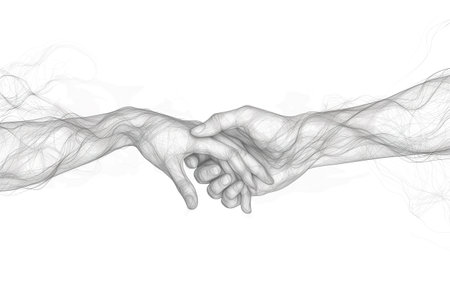 Pencil illustration on a white background of two hands shaking, showing support and help in difficult times.の素材