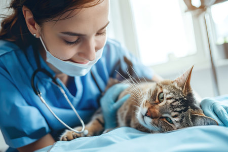 Young female veterinary doctor worries about a young cat with illness.の素材