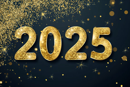 Banner for New Year's greetings with the text "2025" in golden letters.の素材