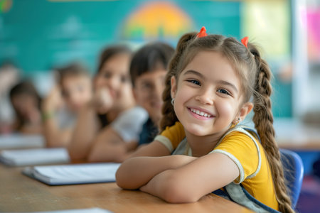 A girl, a student at a mixed school, smiles at the camera while sitting at her desk.の素材
