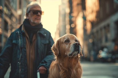 A blind person, guided by his dog down a street.の素材