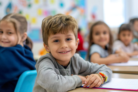 A young boy smiles happily in his class, learning at school with his friends.の素材