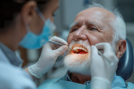 Mature man at the dentist, mouth open being treated for cavities.の素材