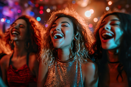 Friends, young party girls, laugh out loud during a dance in a nightclub.の素材