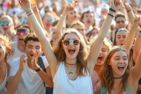 Group of young people sing along to their favorite band at a summer music festival.の素材