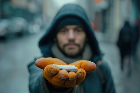 A hand offers souls to a poor person on the street.の素材