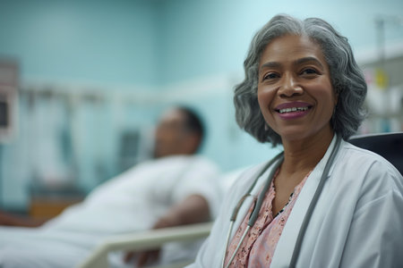Portrait of an adult female doctor, posing calmly with her patient in the hospital.の素材