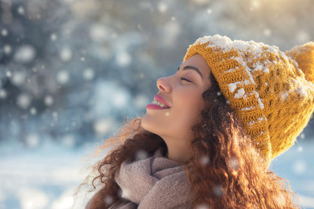 The fresh air of the winter mountain is healthy for our lungs, woman breathe deeply.の素材