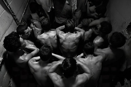Documentary-style photography shows prisoners and enslaved workers, while they rest on the ground without shirts.の素材