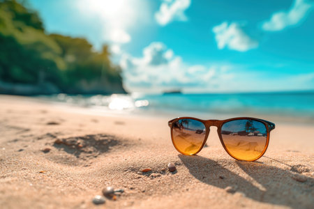 Sunglasses on the sand of the beach, warm summer background of beautiful and hidden coves.の素材