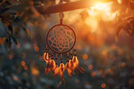 A dream catcher, hanging from a twig, with the evening sun, warm and nostalgic backgroundの素材