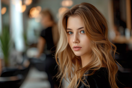 Portrait of a beautiful young woman, with serene eyes and perfect hair, inside a store with the background out of focus.の素材