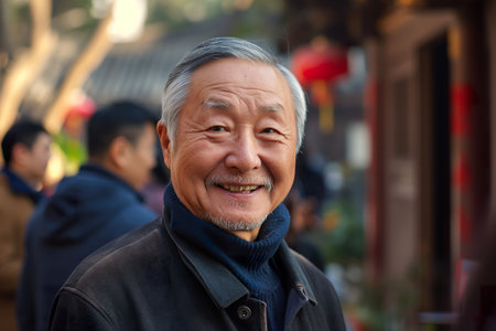 Portrait of happy adult chinese man.の素材